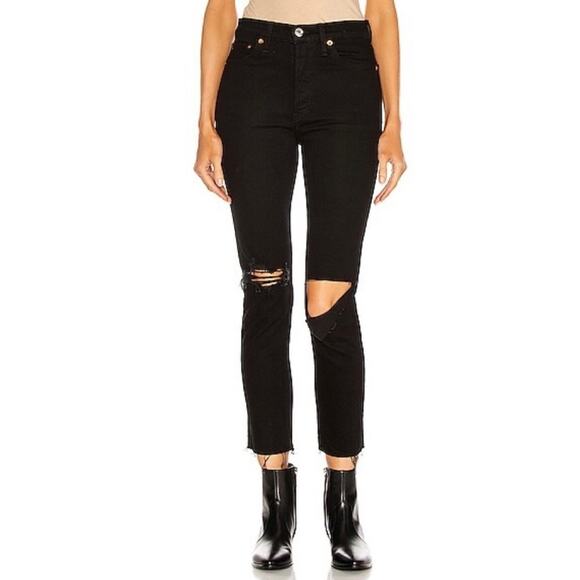 RE/DONE 90's High Rise Ankle Crop Jeans Jet Black With Rips - Picture 2 of 8